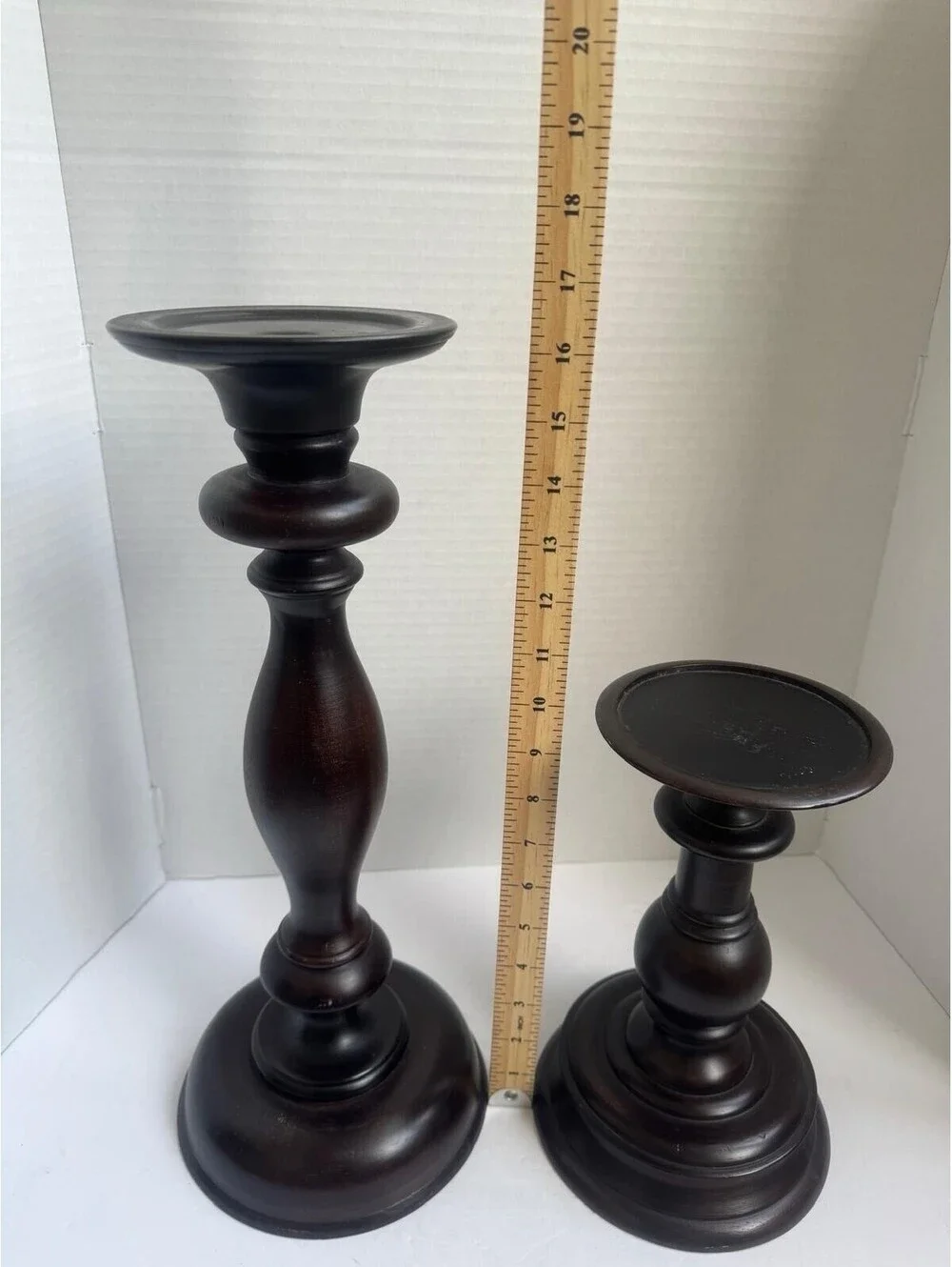 Vintage Pottery Barn Turned Wood Pillar Candle Holders — Espresso Finish